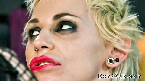 Punk blonde sub with huge tits strapped and vibed in dungeon