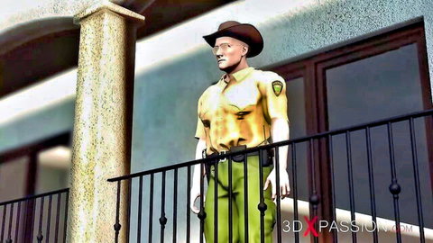 3D rendered park ranger in uniform standing on balcony with hat and badge
