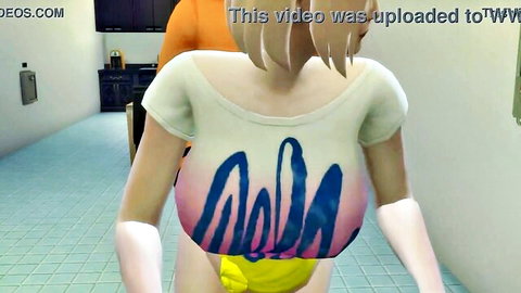 Animated Sakura in tight white top and yellow shorts teaching Naruto sex tips, Hinata watching jealously