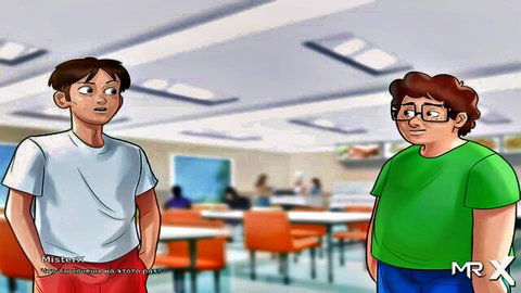 Anime teen boys in school cafeteria chatting clothed with surprised expressions