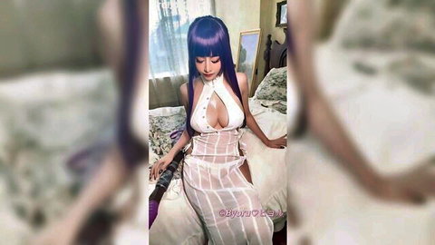 Byoru cosplays as Fern in sexy white sheer lingerie and purple wig
