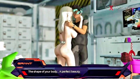 3D animated nude white-haired beauty embracing man in intimate hug
