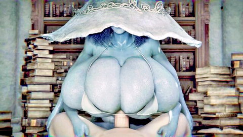 POV of busty blue alien babe with massive spilling tits straddling huge erect cock in library