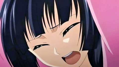 Black-haired anime ojou-sama smiling ecstatically with tongue out in hentai Ep.2