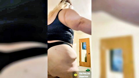 Blonde BBW MILF bends over showing huge fat ass in tight black thong mirror selfie