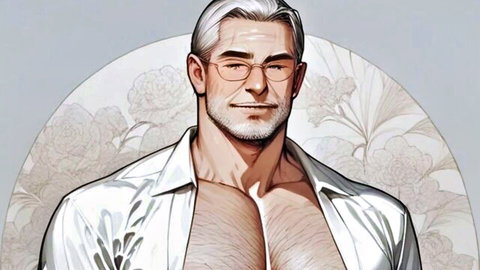 Anime silver-haired mature muscular man in glasses and open white shirt