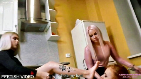 Cruel blondes dominate beautiful slave girl with foot licking fetish