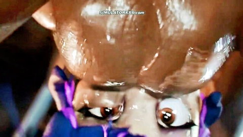 POV closeup of cum-covered anime girl with purple hair looking up wide-eyed mouth open after massive facial cumshot