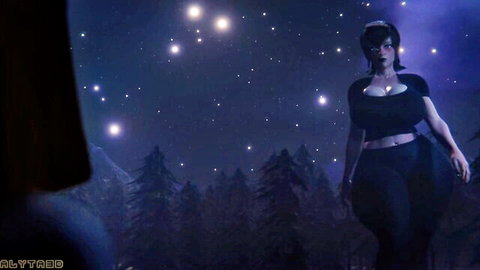 Curvy goth fantasy babe with huge tits in low-cut black top and tight pants poses seductively in starry forest night