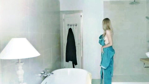 Alice Carel topless in towel, nude tits exposed in steamy bathroom scene (2019)