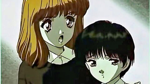 Hentai anime sister with orange bob hair surprised by black-haired brother in school uniforms