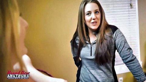 Alex and curvy brunette friend teasing in lesbian hoodie scene, threesome preview