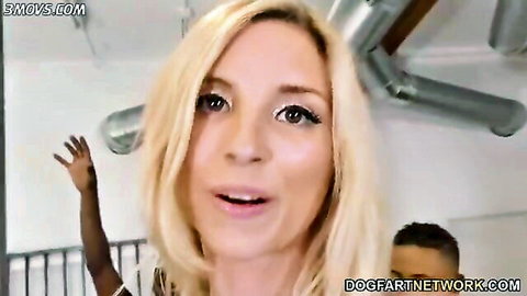 Piper Perri blonde petite in low-cut top teasing before BBC face fuck