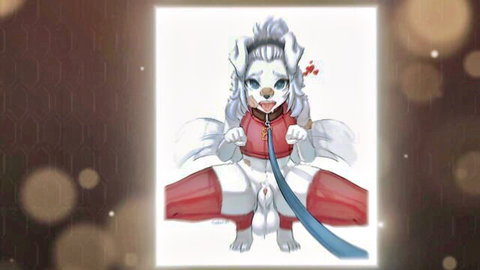 Anthro white fox girl with wings in red thigh-highs and collar, exposing genitals, hentai solo