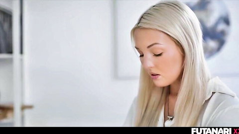 Blonde futanari shemale mistress in white shirt, hypnotic femdom gaze