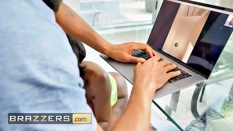 Ebony Mystique teases BF with butt plug reveal on laptop