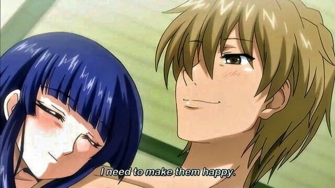 Blue-haired anime girl with glasses seduces smiling boy in hentai scene