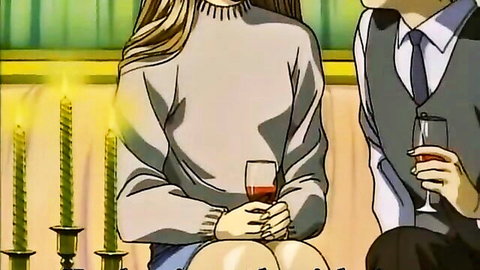 Blonde woman in sweater holds wine glass with suited man in romantic candlelit scene