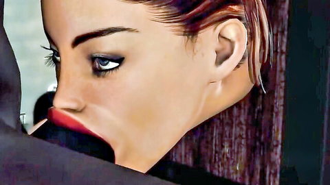 Animated woman with plump red lips stretched wide open for deepthroat blowjob held by suited man's hand