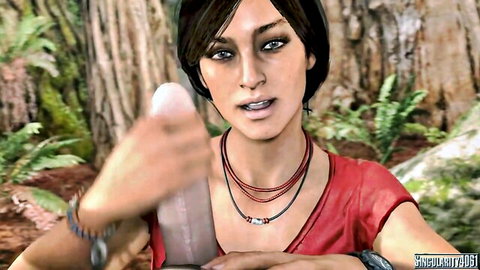 Exotic Asian babe in red tank top holds white dildo near open mouth in jungle