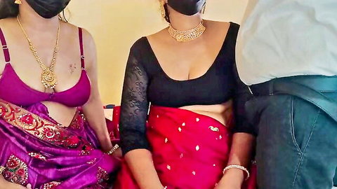 Indian housewives Pushpa Valli and Laxi Ammu in revealing sarees showing cleavage for threesome roleplay