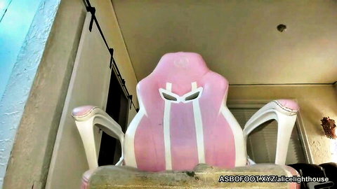 VIP model stockings legs spreading on luxurious pink chair setup
