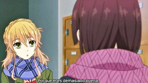 Blonde and purple-haired anime girls in close intimate moment from Citrus yuri