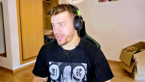 Gamer dude in anime tee and headphones, teasing Bulma cosplay slut vibes