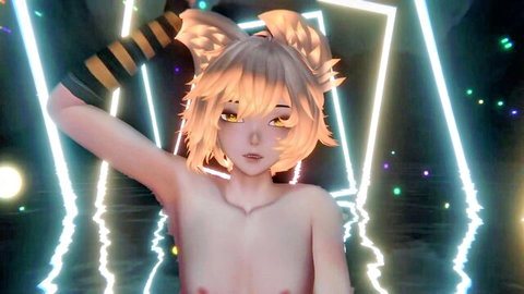 Topless anime femboy with cat ears poses under neon lights exposing perky nipples