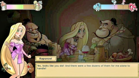 Blond anime princess Rapunzel in threesome tease with bearded man and another girl