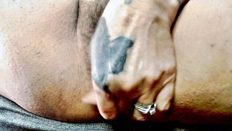 Closeup bushy pussy labia stretched yanked gape clitoris tease view