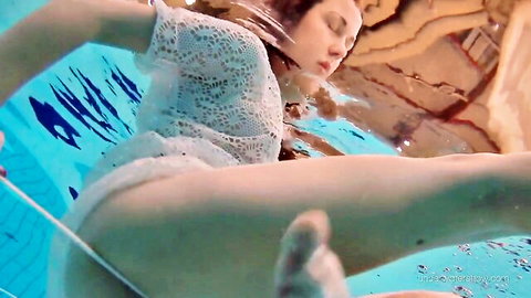 Petite Russian Katy Soroka swims in lace swimsuit, showing tight body and perfect ass underwater