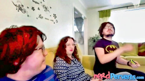 UK BBW redhead and friend convinced for amateur threesome with nerd guy