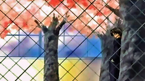 Anime pervert peeking from tree behind red fence in hentai scene