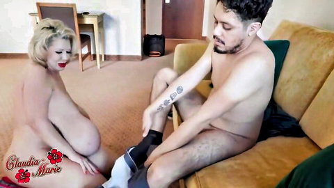 Claudia Marie pregnant BBW nude with tattooed man in intimate couple scene