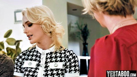 Blonde stepmom in tweed jacket with stepson and wife in taboo threesome