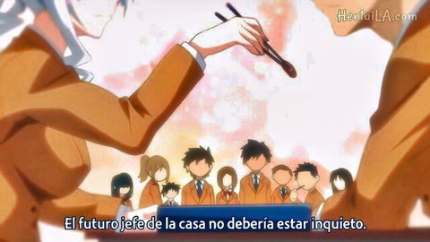 Anime schoolgirls in uniforms tease boy at table in seductive hentai scene