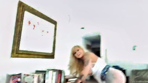 Hot blonde Ryan bent over in tight shorts, teasing big ass view