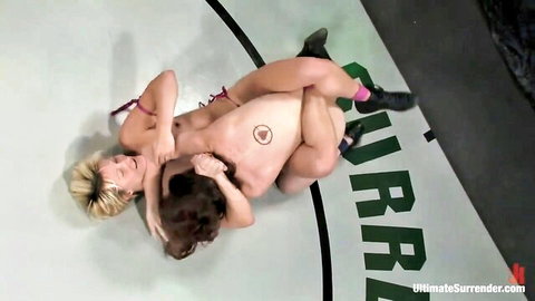 Blonde pins brunette in nude lesbian wrestling submission hold Ultimate Surrender