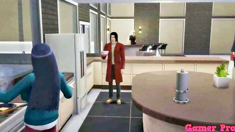 Hinata stepmom in blue sweater cooking pancakes in kitchen with male sim