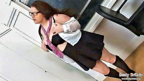 Busty brunette Summer Jay in sexy schoolgirl outfit with glasses and stockings