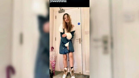 Barbie_grl stripping teal winter jacket, spreading legs in short dress OnlyFans teaser