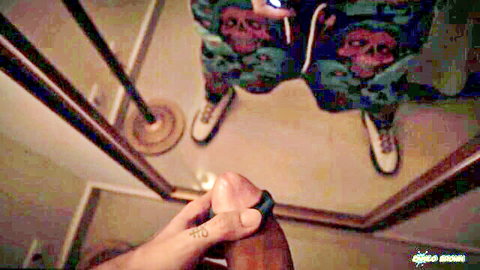 Tattooed hand pulls out thick uncut cock from skull camo pants