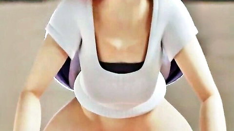 Animated Asian hentai girl squatting with big ass and exposed pussy in crop top