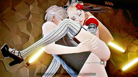 3D hentai blonde in stockings and heels embraced by silver-haired guy, intimate carry pose