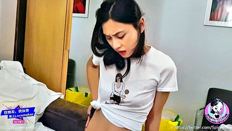 June Liu SpicyGum Asian beauty bending over in white t-shirt, teasing pose