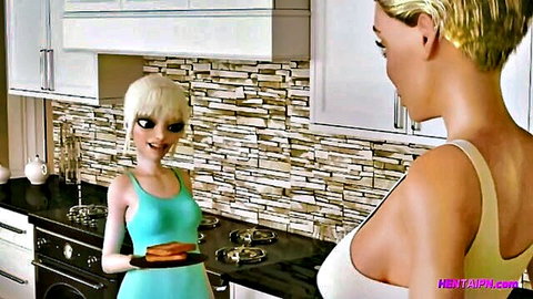 Animated blonde MILF teacher and skinny girl in seductive kitchen pose