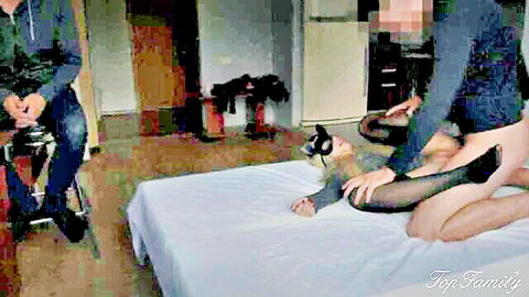 Husband fucks wife in black stockings with VR headset after lover watches