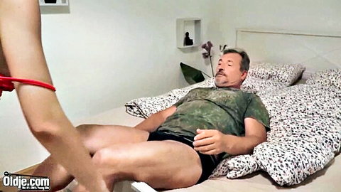 Paola Hard seduces married man in bed, young neighbor in red lingerie