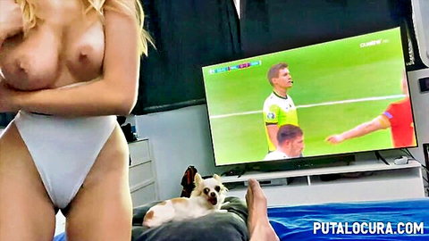 Paola Hard topless in white thong, posing during soccer match blowjob scene